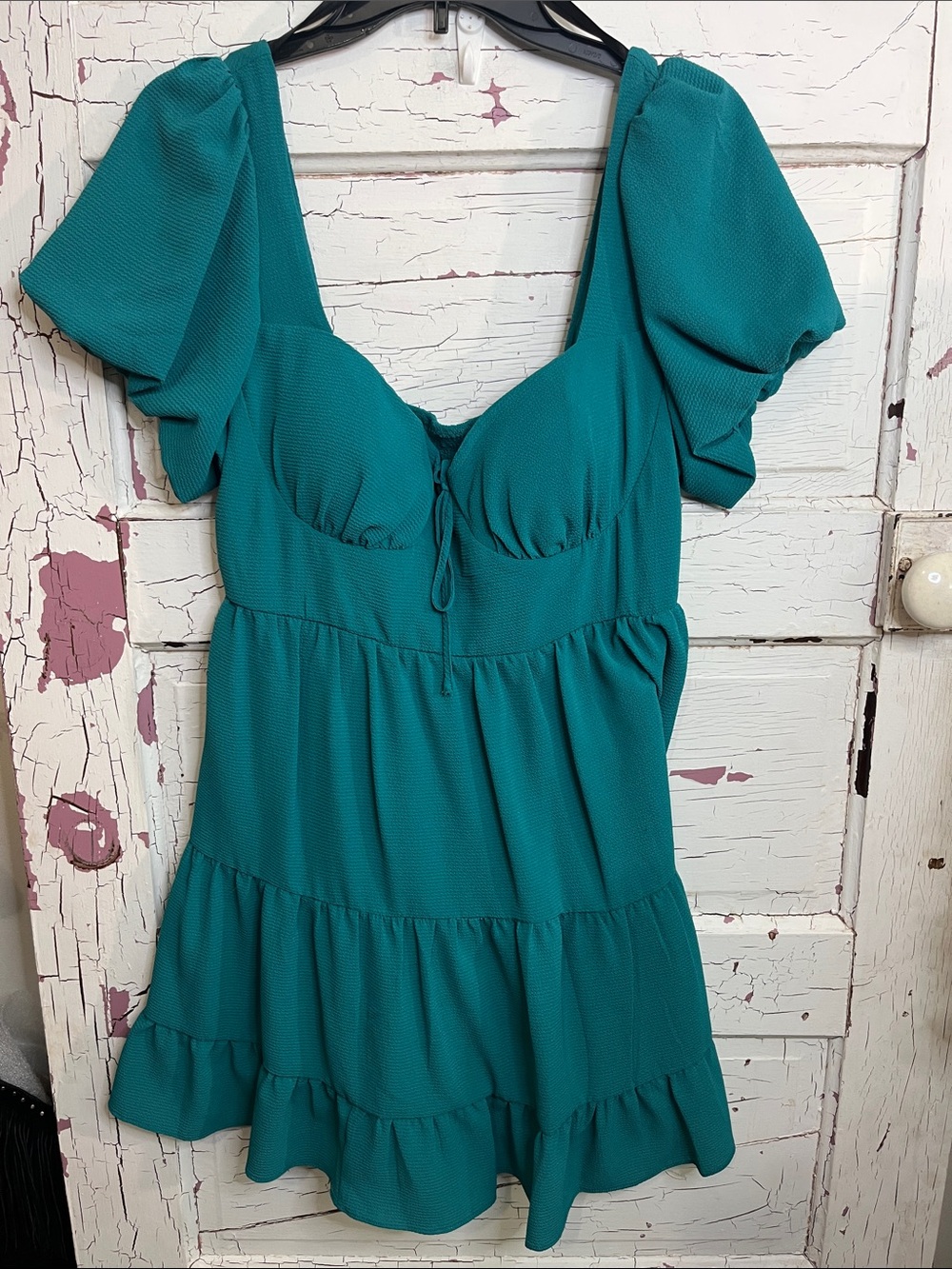 B. Smart Teal Puff-Sleeve Tiered Mini Dress Sz 13 Polyester